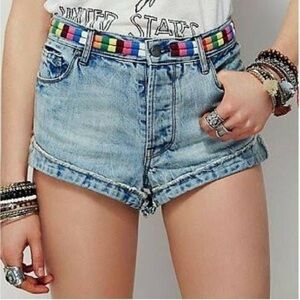 Free People Elliot denim frayed shortie shorts with embroidered waist 28